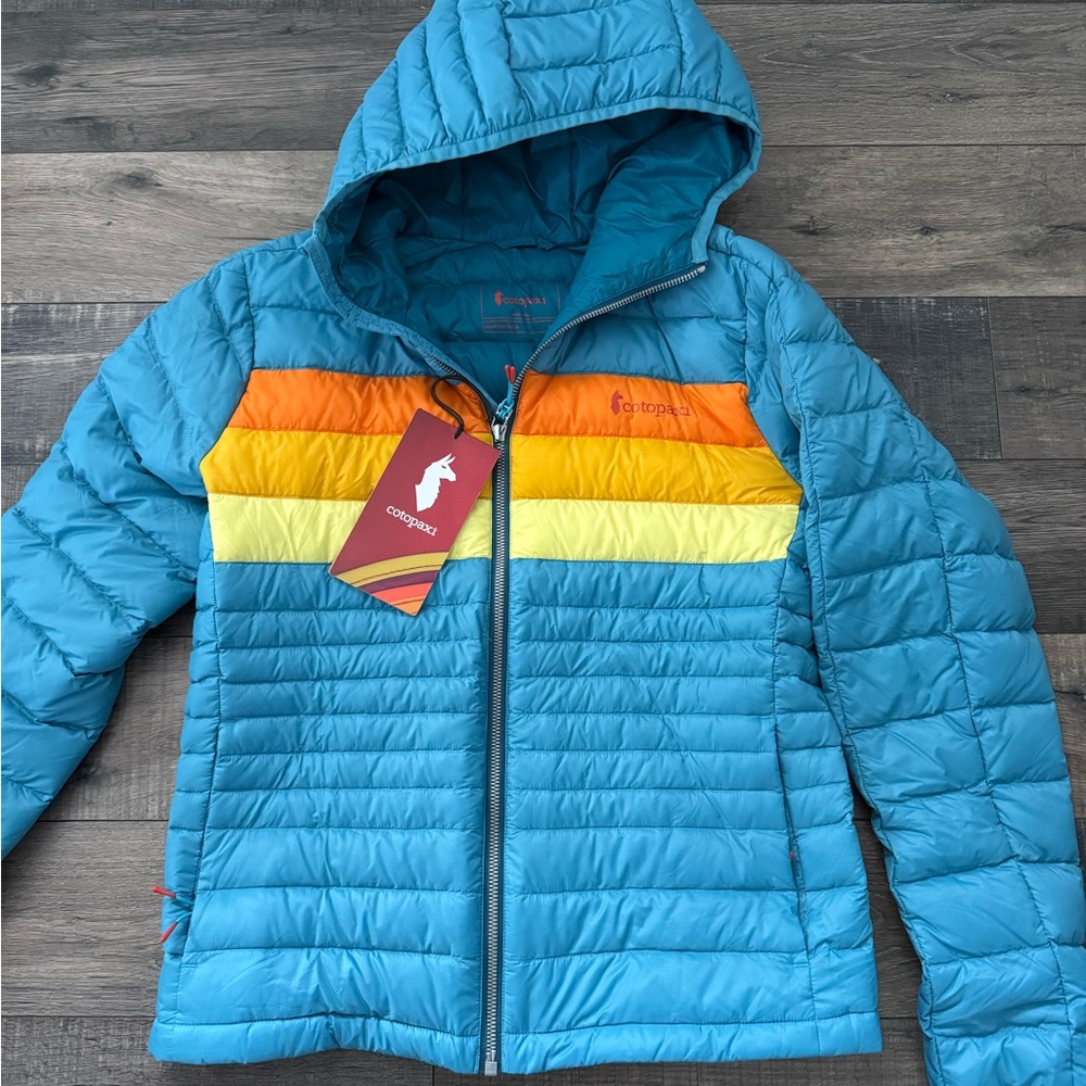 NWT Cotopaxi Women's Fuego Hooded Puffer Jacket with Orange & Yellow Stripes XS